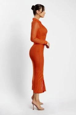 ROM Jenny Mesh Ruched Maxi Dress - Burnt Orange