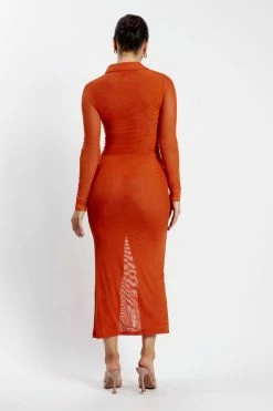 ROM Jenny Mesh Ruched Maxi Dress - Burnt Orange