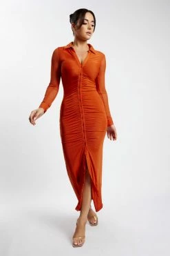 ROM Jenny Mesh Ruched Maxi Dress - Burnt Orange
