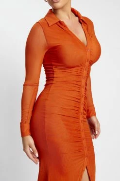 ROM Jenny Mesh Ruched Maxi Dress - Burnt Orange