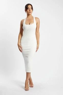 ROM Leigh Ribbed Low Back Midi Dress - White