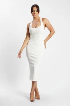 ROM Leigh Ribbed Low Back Midi Dress - White