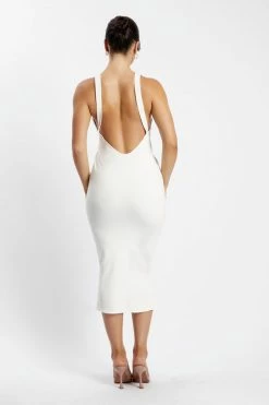 ROM Leigh Ribbed Low Back Midi Dress - White