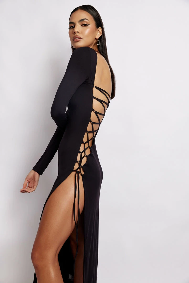 WXI Kathryn Long Sleeve Lace Up Maxi Dress - Black 3 WXI Kathryn Long Sleeve Lace Up Maxi Dress - Black