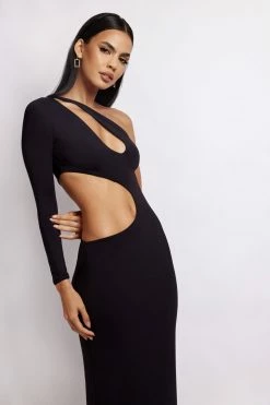 WXI Joyce One Shoulder Cut Out Midi Dress - Black