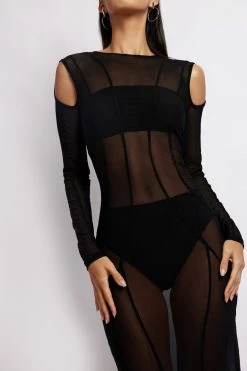 BSD Ciara Mesh Cut Out Sleeve Maxi Dress - Black DRESSES