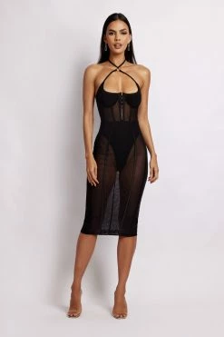 QNG DRESSES Jonee Ring Corset Midi Dress - Black