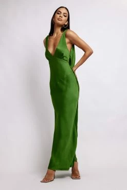 JLW Nadia Maxi Satin Dress With Back Cowl - Emerald DRESSES