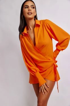 BSD Gabby Split Sleeve Wrap Micro Mini Dress - Tangerine DRESSES