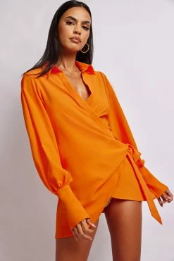 BSD Gabby Split Sleeve Wrap Micro Mini Dress - Tangerine DRESSES