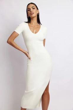 SOP Nina Short Sleeve Knit Midi Dress - White