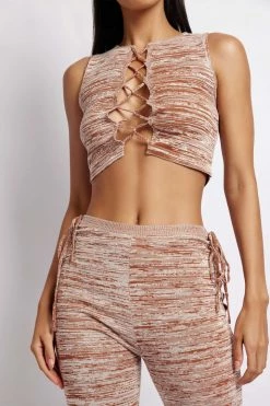 EMS Angelica Lace Up Knit Crop Top - Brown Space Dye Two Piece Sets