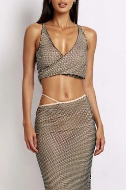 WDN Rayne Asymmetric Hem Diamante Mesh Top - Iridescent Black