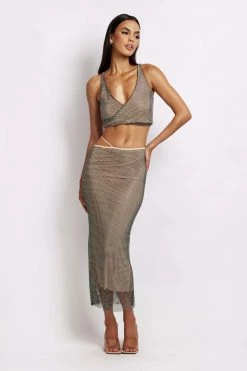 WDN Rayne Asymmetric Hem Diamante Mesh Top - Iridescent Black