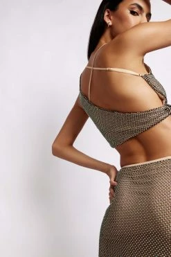 WDN Rayne Asymmetric Hem Diamante Mesh Top - Iridescent Black