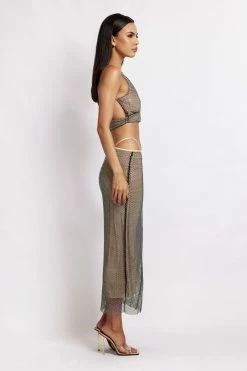 WDN Rayne Asymmetric Hem Diamante Mesh Top - Iridescent Black