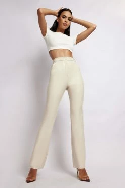 WNT All Bottoms Tyra Croc Straight Leg Faux Leather Pants - Cream