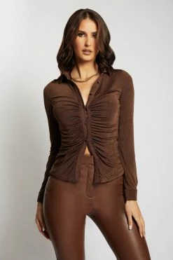 WDN Frances Collared Long Sleeve Shirt- Chocolate All Tops