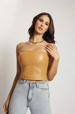LCH All Tops Pamela Faux Leather Strapless Crop Top - Tan 16 LCH All Tops Pamela Faux Leather Strapless Crop Top - Tan