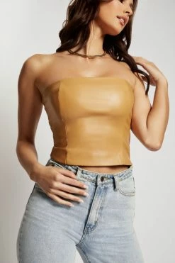 LCH All Tops Pamela Faux Leather Strapless Crop Top - Tan 13 LCH All Tops Pamela Faux Leather Strapless Crop Top - Tan
