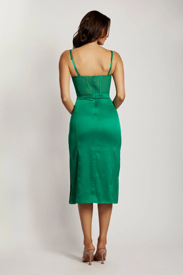 QNG DRESSES Talisa Chain Strap Side Split Corset Midi Dress - Green 2 QNG DRESSES Talisa Chain Strap Side Split Corset Midi Dress - Green
