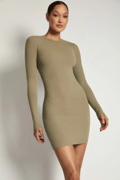 ROM Vivienne Ribbed Long Sleeve Mini Dress - Moss