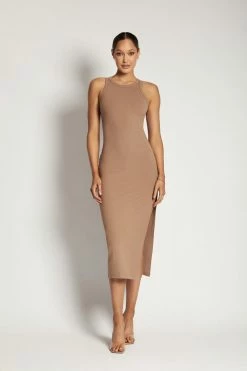 ROM Viola Ribbed Maxi Split Racer Neck Dress - Latte