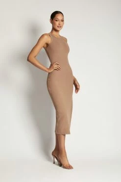 ROM Viola Ribbed Maxi Split Racer Neck Dress - Latte