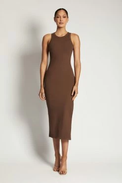 ROM Viola Ribbed Maxi Split Racer Neck Dress - Chocolate