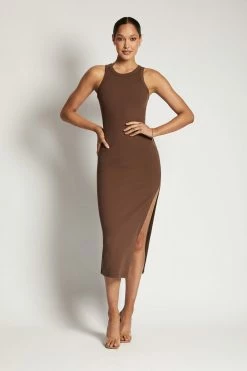 ROM Viola Ribbed Maxi Split Racer Neck Dress - Chocolate