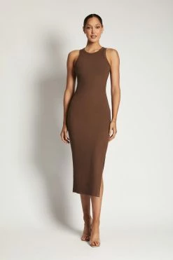 ROM Viola Ribbed Maxi Split Racer Neck Dress - Chocolate