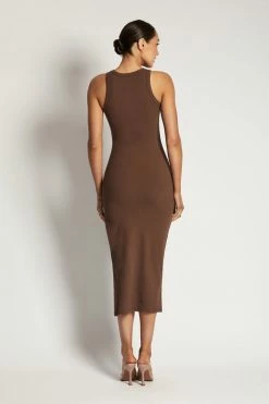 ROM Viola Ribbed Maxi Split Racer Neck Dress - Chocolate