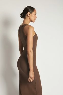 ROM Viola Ribbed Maxi Split Racer Neck Dress - Chocolate