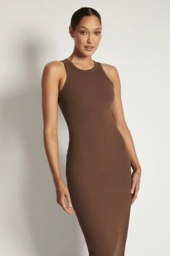 ROM Viola Ribbed Maxi Split Racer Neck Dress - Chocolate
