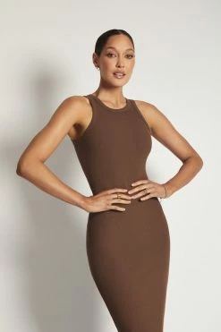ROM Viola Ribbed Maxi Split Racer Neck Dress - Chocolate