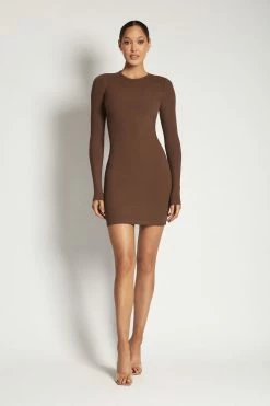 ROM Vivienne Ribbed Long Sleeve Mini Dress - Chocolate