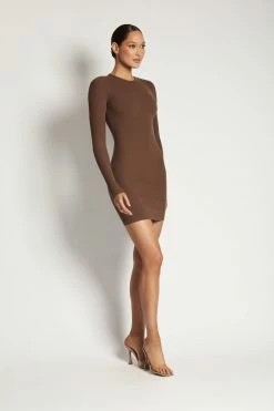 ROM Vivienne Ribbed Long Sleeve Mini Dress - Chocolate