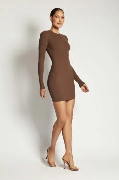 ROM Vivienne Ribbed Long Sleeve Mini Dress - Chocolate