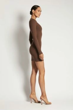 ROM Vivienne Ribbed Long Sleeve Mini Dress - Chocolate