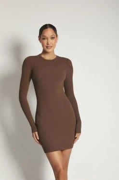 ROM Vivienne Ribbed Long Sleeve Mini Dress - Chocolate