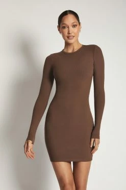 ROM Vivienne Ribbed Long Sleeve Mini Dress - Chocolate