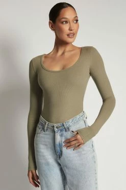 ROM All Tops Adara Long Sleeve Ribbed Bodysuit - Moss