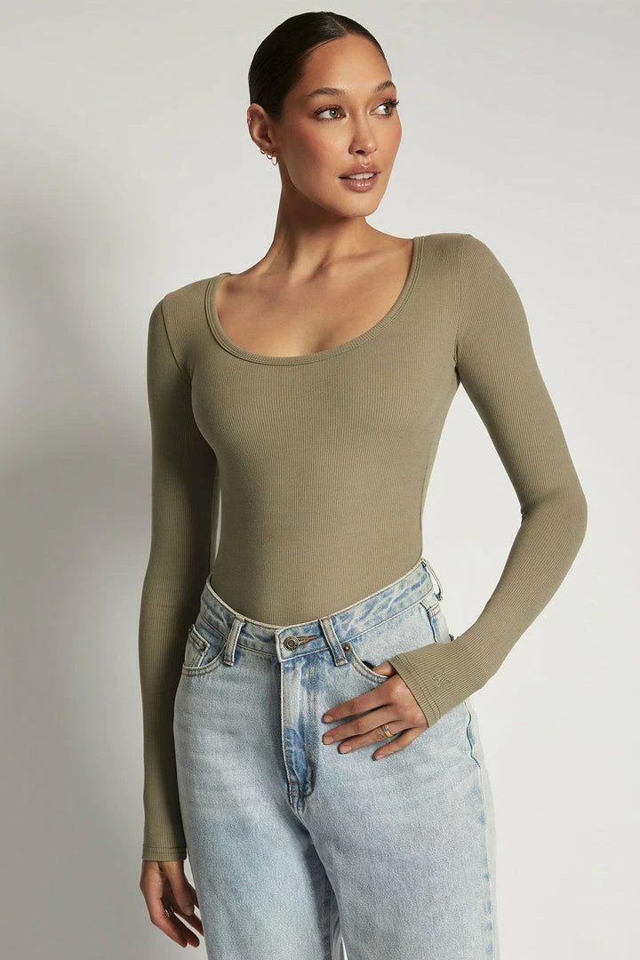 ROM All Tops Adara Long Sleeve Ribbed Bodysuit - Moss 1 ROM All Tops Adara Long Sleeve Ribbed Bodysuit - Moss