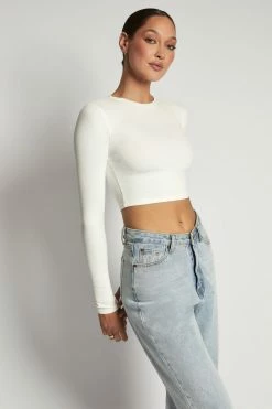 ROM All Tops Caroline Long Sleeve Rib Crop - White 14 ROM All Tops Caroline Long Sleeve Rib Crop - White