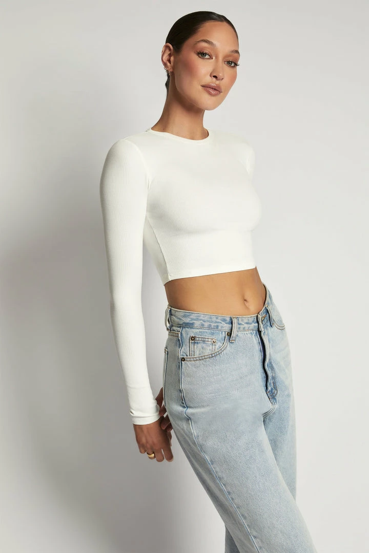 ROM All Tops Caroline Long Sleeve Rib Crop - White 4 ROM All Tops Caroline Long Sleeve Rib Crop - White