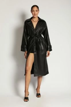 WNG Stassie Faux Leather Belted Trench Coat - Black Coats & Jackets