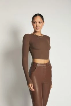 ROM Caroline Long Sleeve Rib Crop - Chocolate All Tops 14 ROM Caroline Long Sleeve Rib Crop - Chocolate All Tops