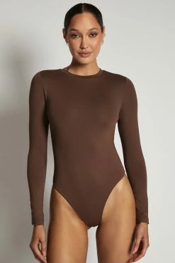 WXI All Tops Delilah Long Sleeve Crew Neck Bodysuit - Chocolate