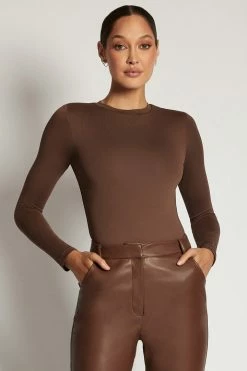 WXI All Tops Delilah Long Sleeve Crew Neck Bodysuit - Chocolate