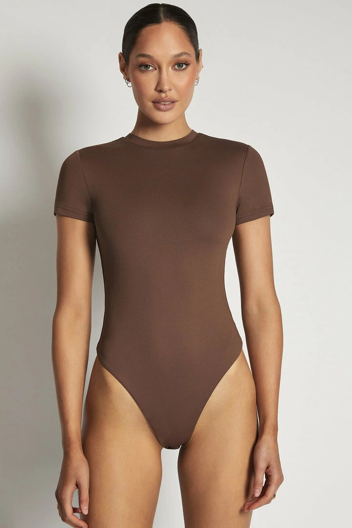 WXI All Tops Francesca Crew Neck Short Sleeve Bodysuit - Chocolate 1 WXI All Tops Francesca Crew Neck Short Sleeve Bodysuit - Chocolate